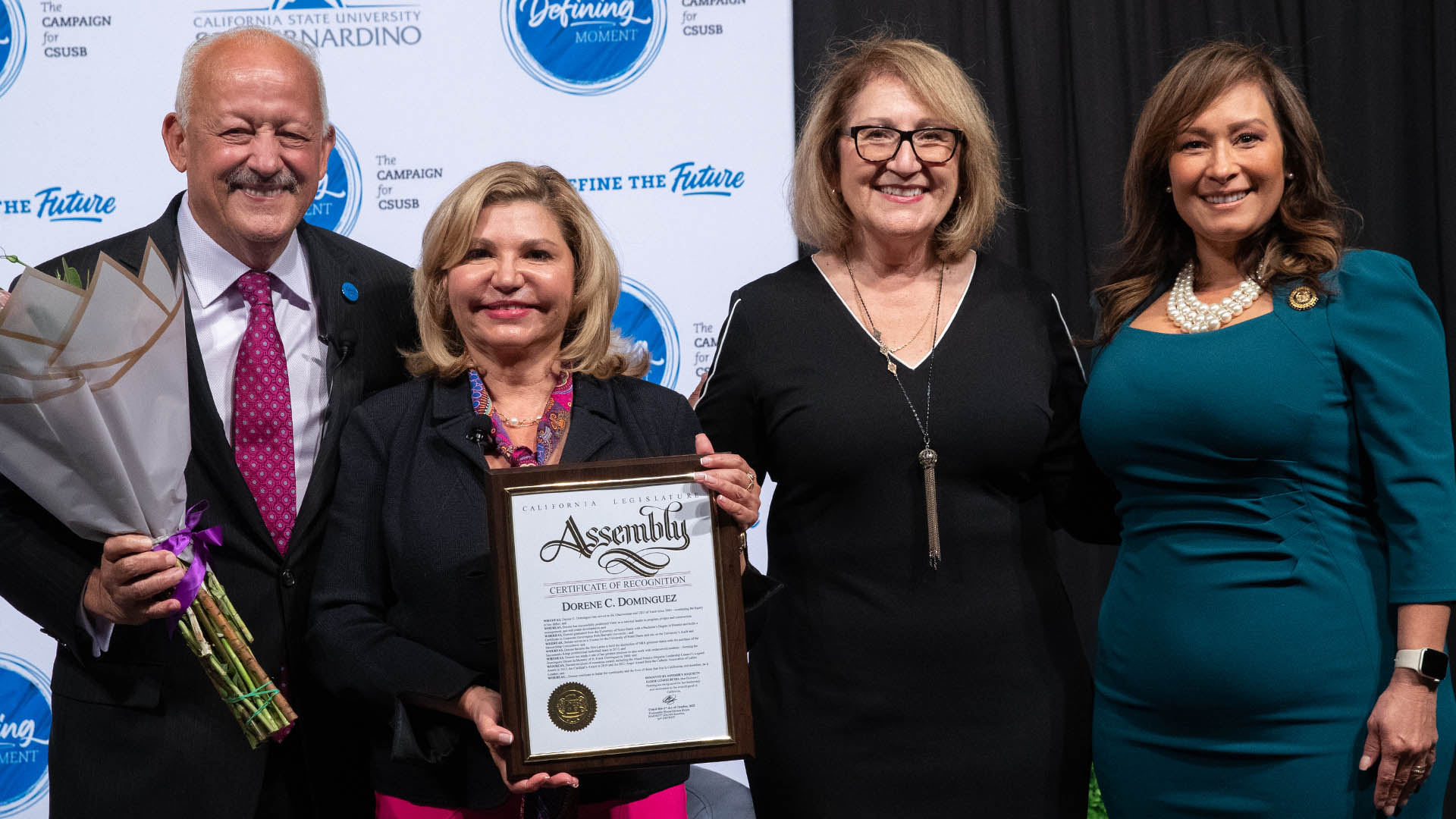 From left, CSUSB President Tomás D. Morales, Dorene C. Dominguez, state Assemblymember Eloise Gómez Reyes and state Sen. Rosilicie Ochoa Bogh