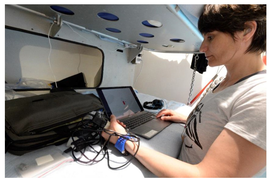 ESA astronaut Samantha Cristoforetti conducting the neurocognition study during the NEEMO XXIII mission. The study was designed by the Cognitive Neuroscience Laboratory.