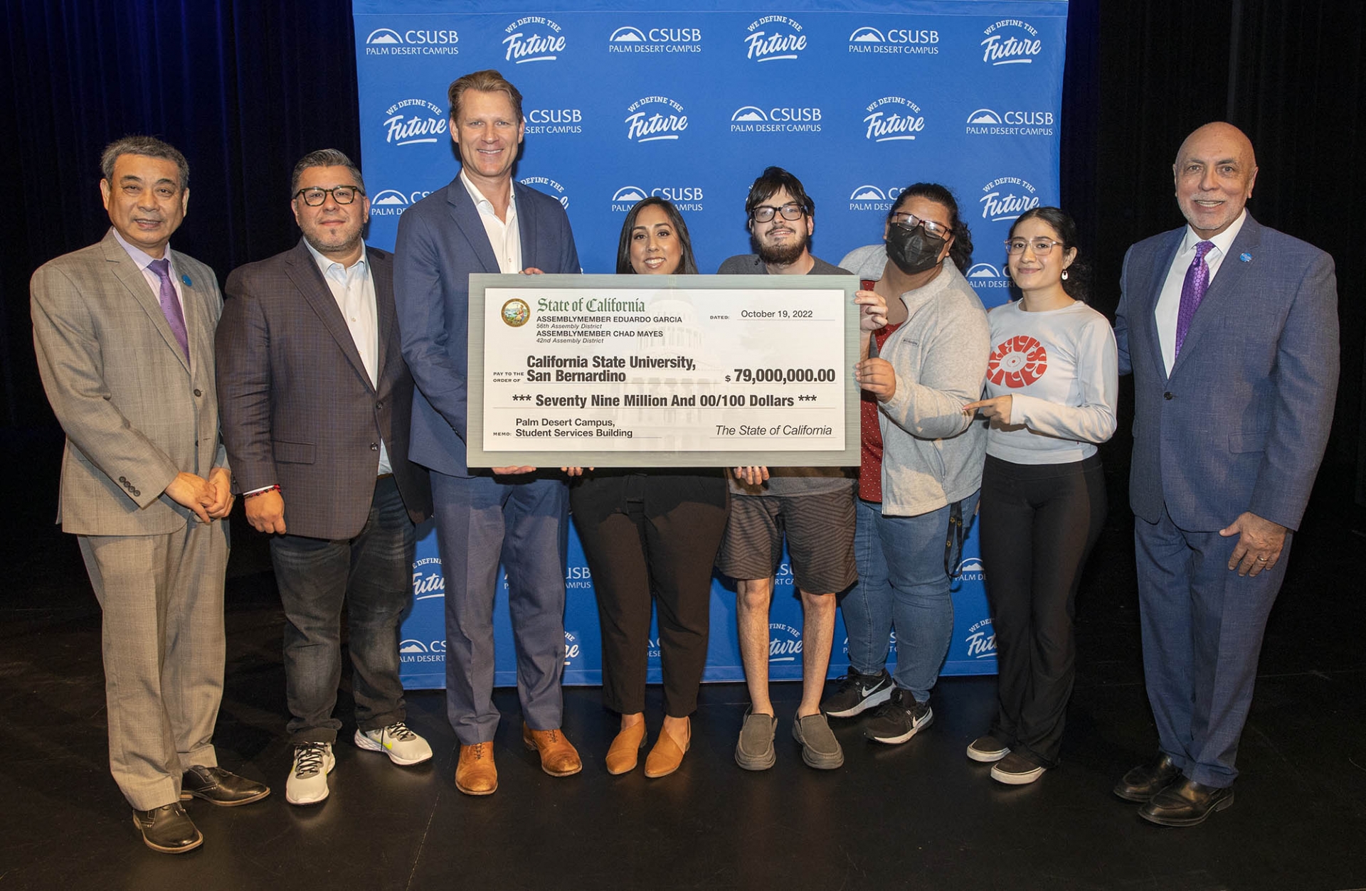 From left: Jake Zhu, dean, CSUSB Palm Desert Campus; Assemblymember Eduardo Garcia; Assemblymember Chad Mayes; Sarah Lopez, vice president, Associated Students Inc., CSUSB Palm Desert Campus; Andrew Hunter, CSUSB Palm Desert Campus student; Sasha Baltazar, Rancho Mirage Student Center coordinator; Yunuen Cerano, CSUSB Palm Desert Campus; and Robert Nava, vice president, CSUSB University Advancement.