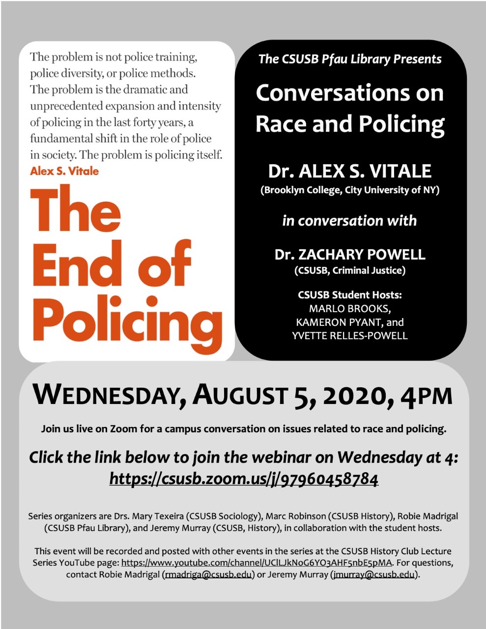 Flyer: Sociologist Alex S. Vitale featured at next Conversations on Race and Policing on Aug. 5