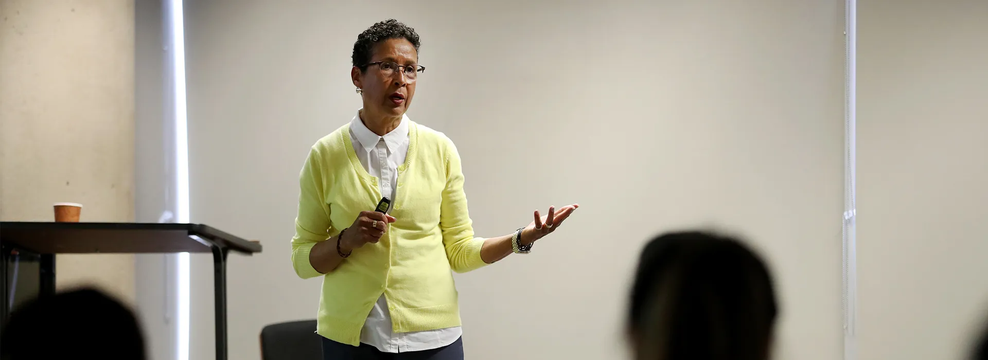 Mary Texeira, CSUSB sociology professor, brought attention to intersectionality and the overwhelming issues of sexual harassment at the Yotie Talks 