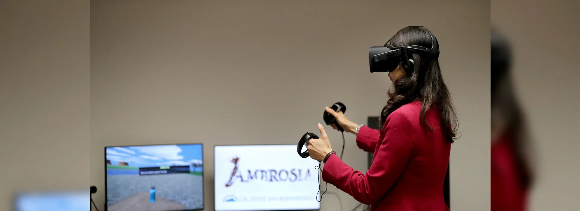 Rueyling Chuang, interim dean of CSUSB’s College of Arts & Letters, tries out a virtual reality computer program