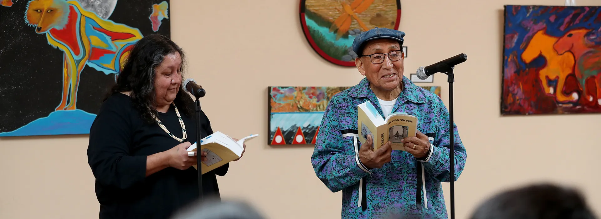 Carolyn Horsman  (left) and Ernest Siva, elder of Morongo Band of Mission Indians, at the annual Native Voices Poetry Festival