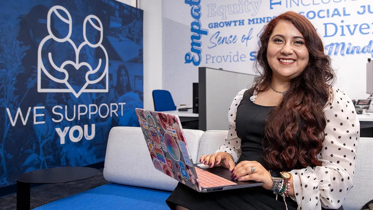 First-generation Latina, Marilyn Monroy ’22, a CSUSB alumna and current graduate student, has utilized campus resources on her educational journey to achieve her goals and help students. 