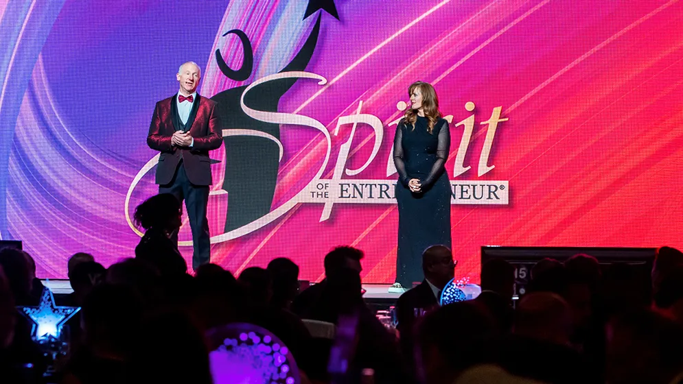 Mike Stull, director of IECE and CSUSB’s School of Entrepreneurship (left), and Stacey Allis, assistant director of IECE, host the Nov. 22 Spirit of the Entrepreneur Awards Gala at Riverside Convention Center. 