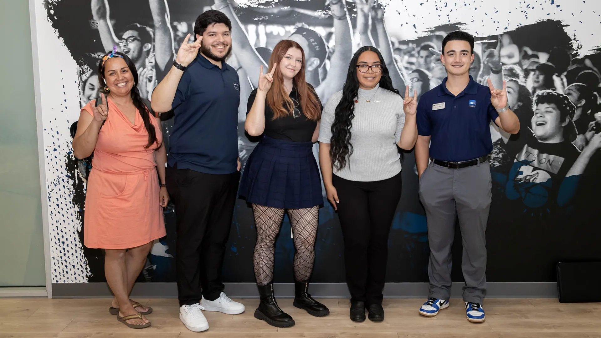 From left: Blanca Gomez, ASI Howl Squad member; Oscar Flores Gonzalez, ASI Howl Squad member; Ashley Smith, ASI director of External Affairs; CSU Student Trustee Jazmin Guajardo; CSUSB ASI President Carson Fajardo. 