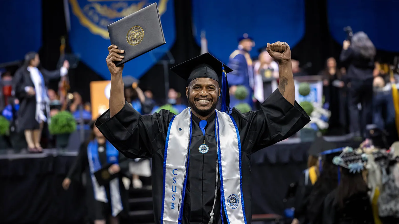 A student celebrates at the spring 2024 Commencement ceremony. CSUSB was ranked No. 3 in the nation for social mobility in The Wall Street Journal’s Best Colleges 2025 list.