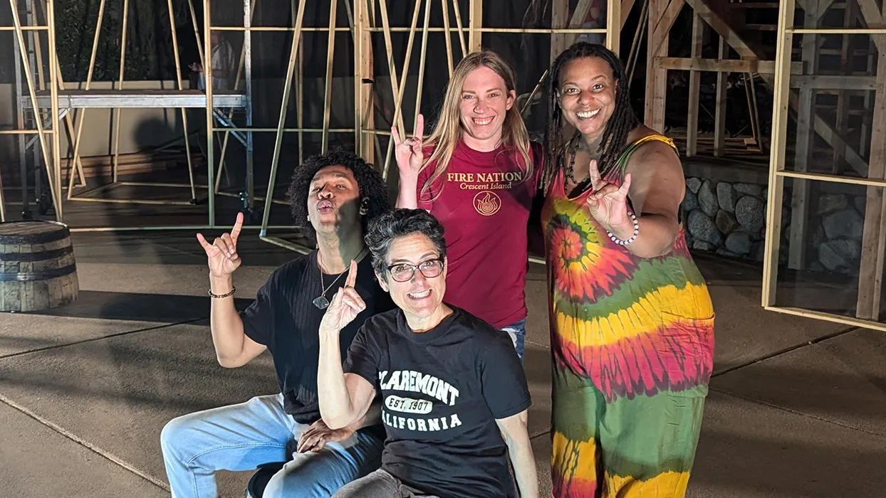 Kristi Papailler (far right), assistant professor in CSUSB’s Department of Theatre Arts, will play Sebastian in “La Tempestad,” alongside Cal State San Bernardino theater alumni. 