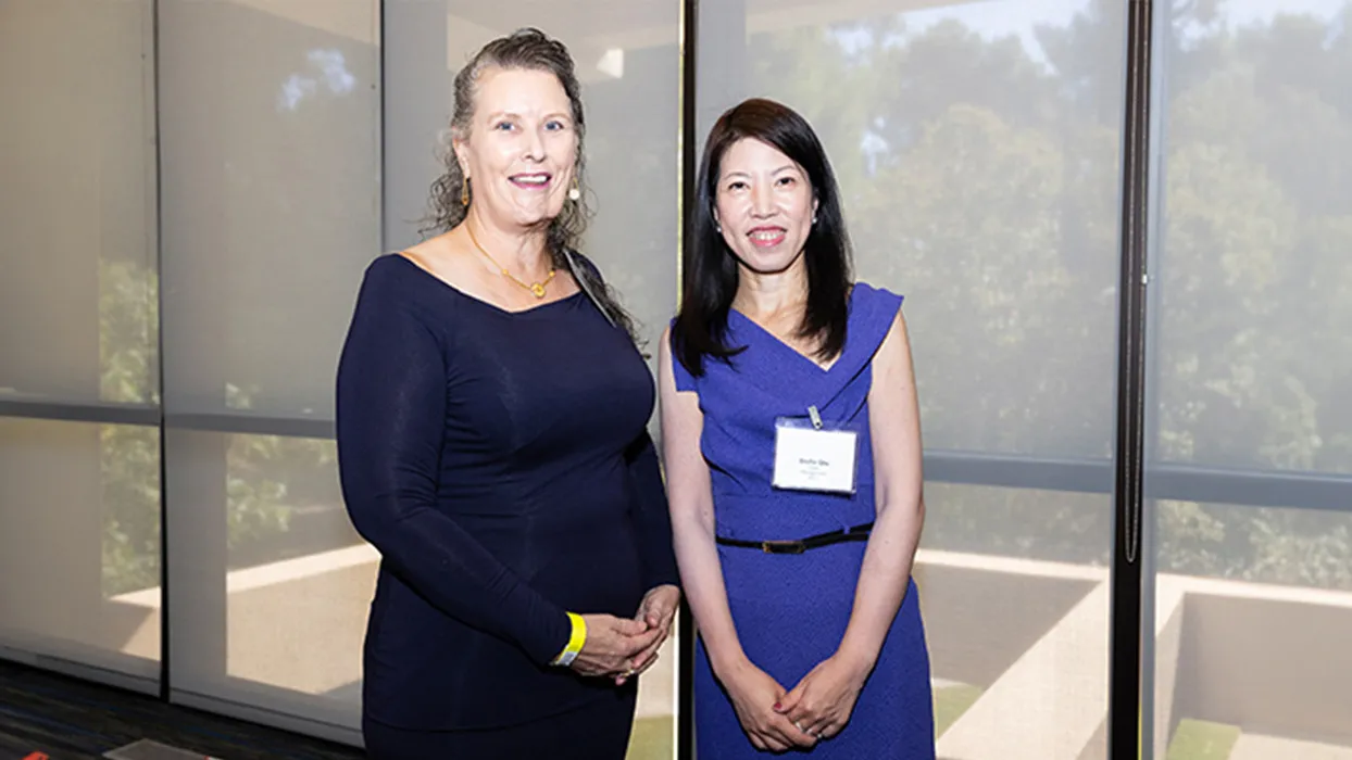 From left, Elizabeth Castillo, assistant professor of management, with Ranfeng (Stella) Qiu, chair of the management department at CSUSB’s Jack H. Brown College of Business and Public Administration.