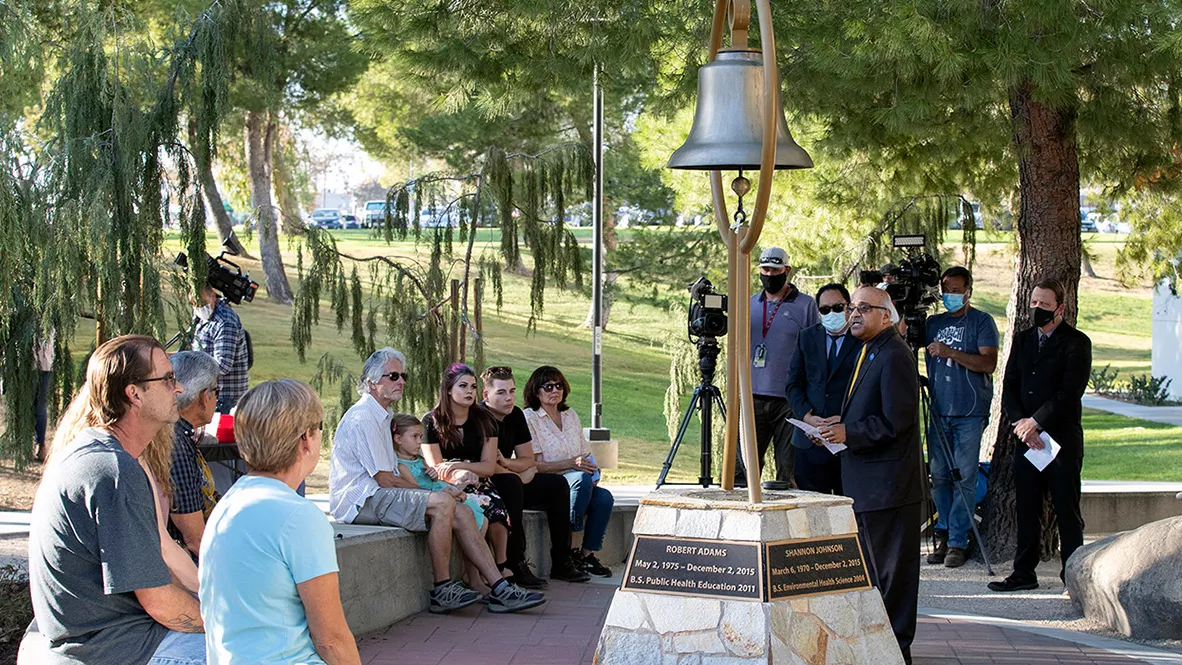CSUSB’s College of Natural Sciences will host the annual Day of Remembrance on Tuesday, Dec. 2, from 3-5 p.m. in the Peace Garden to honor the 14 lives lost during the 2015 mass shooting at the Inland Regional Center in San Bernardino, including five Cal State San Bernardino alumni. 