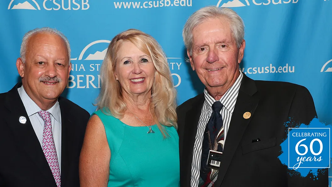 From left, CSUSB President Tomás D. Morales, Linda Bennecke, alumna '69, and Richard Bennecke, alumnus '67 and the first ASI President at CSUSB. 