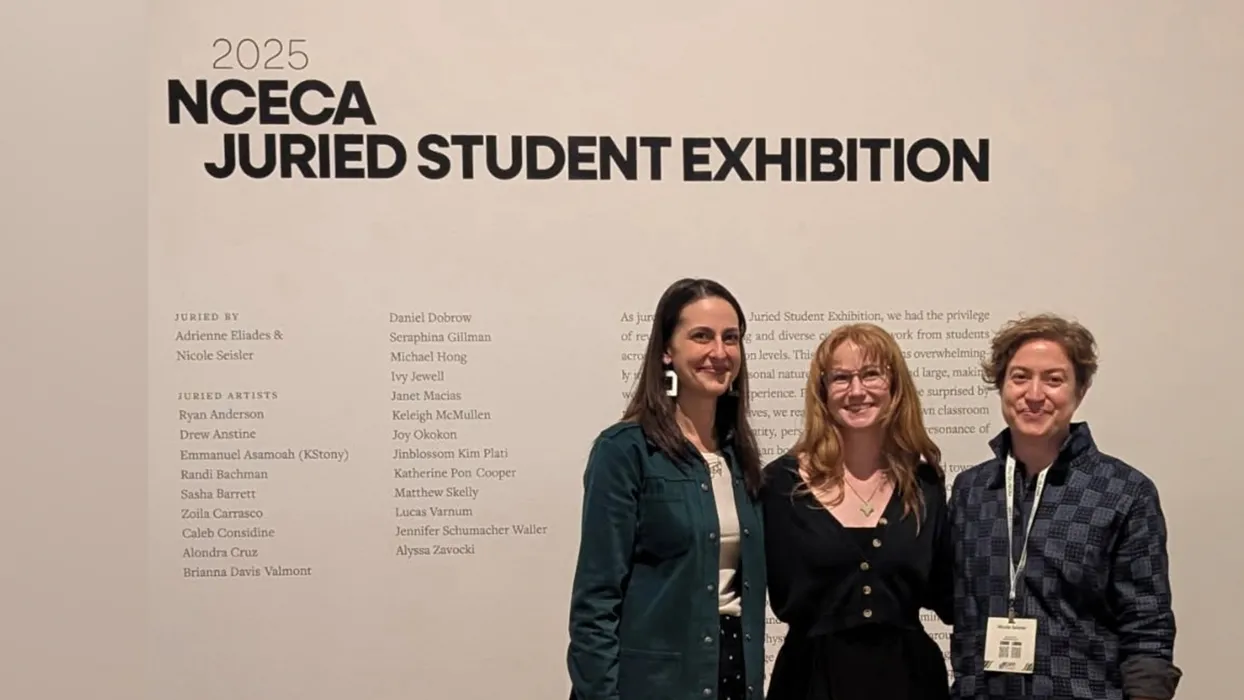 Master of Fine Arts student Keleigh McMullen (center) won Best in Show for her sculptural work in the highly competitive 2025 NCECA Juried Student Exhibition.