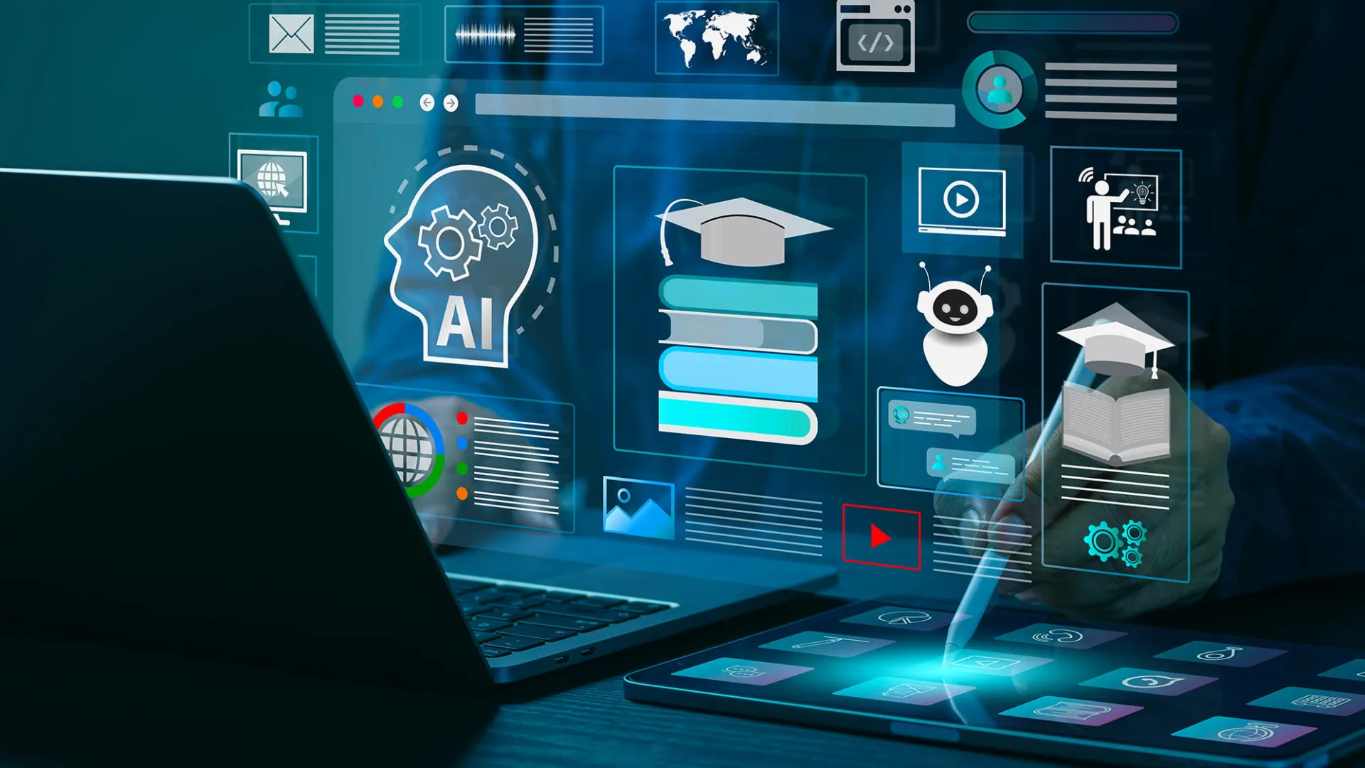 Graphic illustrating AI and related items on a projected computer monitor