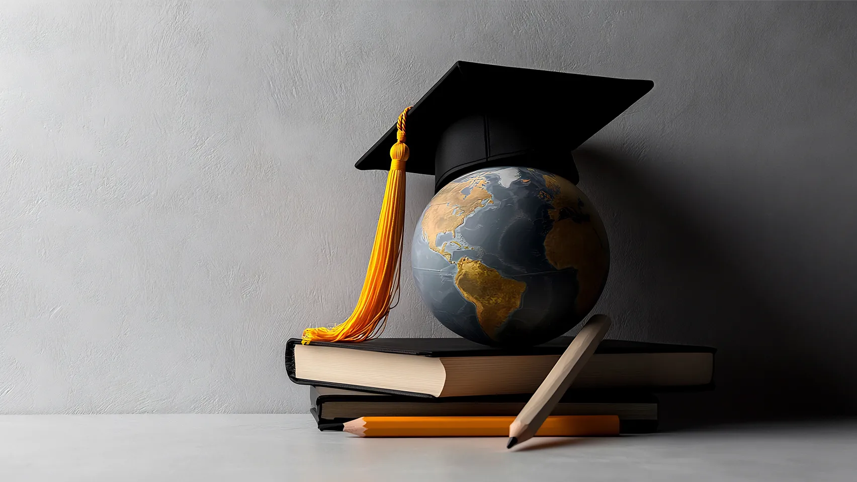 Illustration with an academic theme: a mortar board on a small globe on a stack of books.