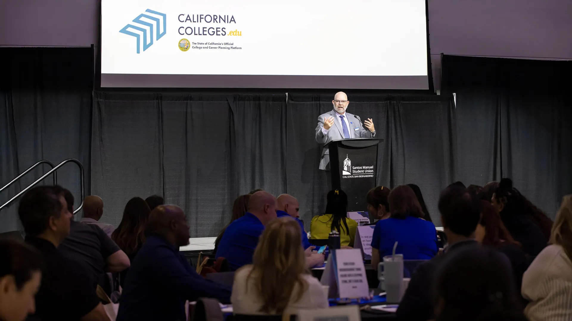 David Dufault-Hunter, CSUSB vice president of Strategic Enrollment Management and Marketing Communications, speaks to educators at the California College Guidance Initiative Regional Event on April 14.