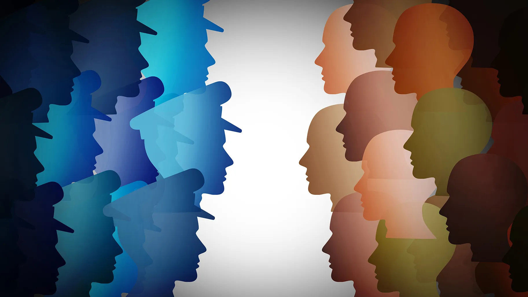 Graphic of profile heads: blue law enforcement on the left and people of various colors on the right
