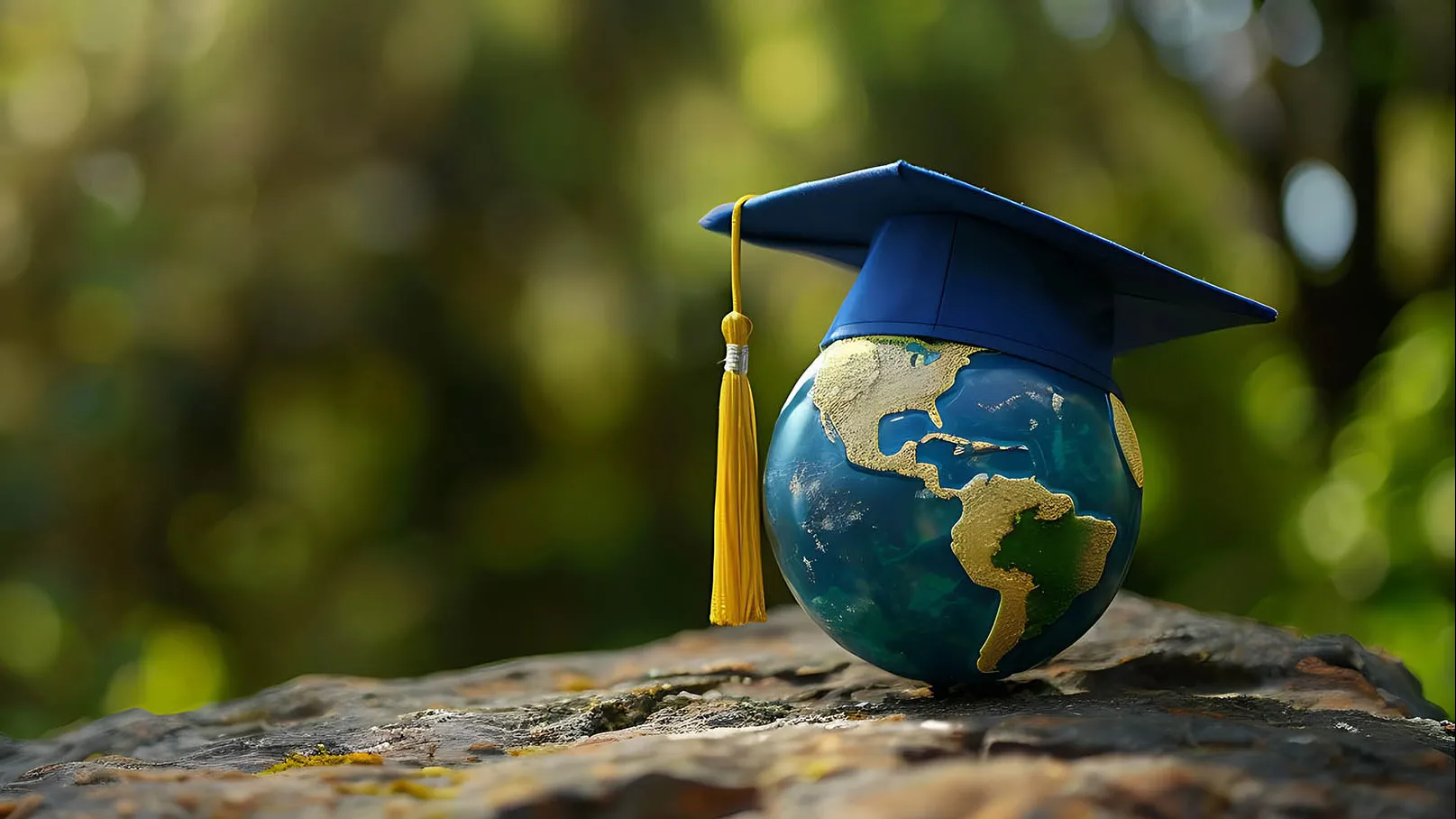 Photo illustration of a ball depicting a globe, sitting on a rock with a graduation cap