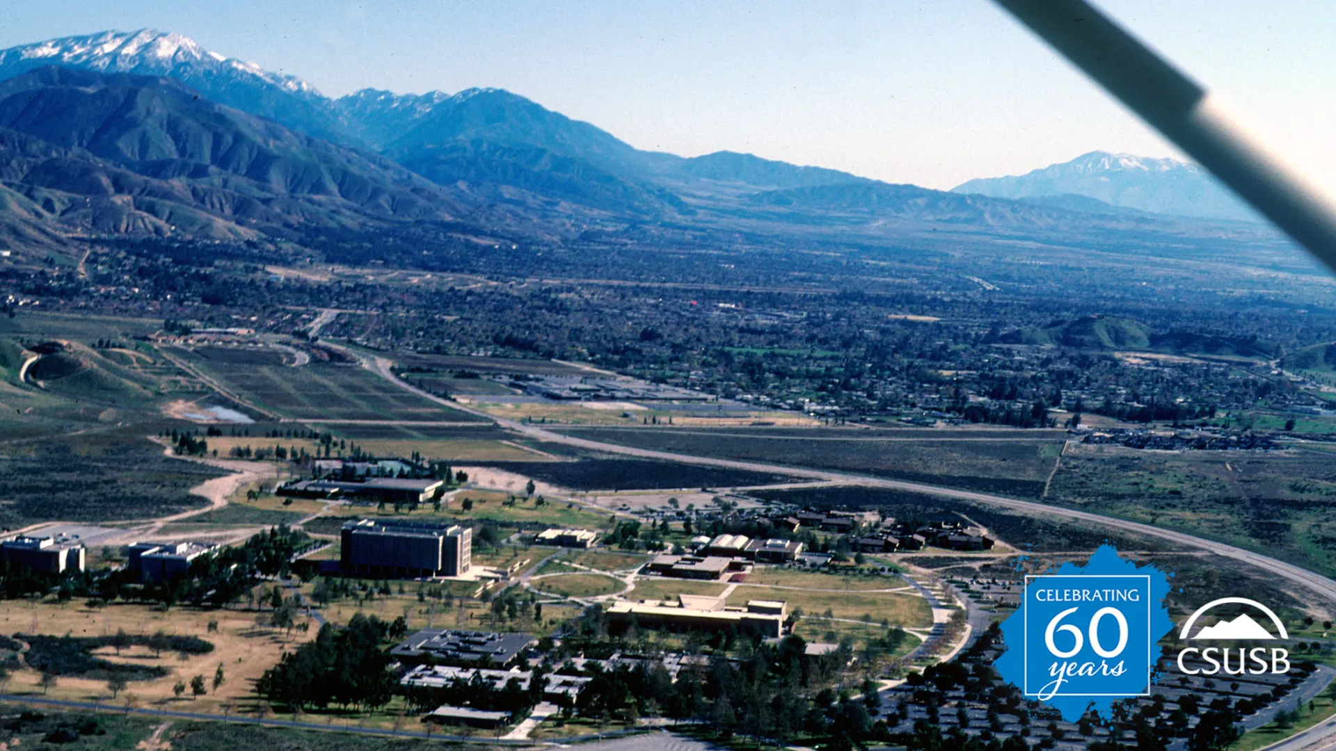 An aerial view of California State College, San Bernardino in February 1983, looking toward the east.