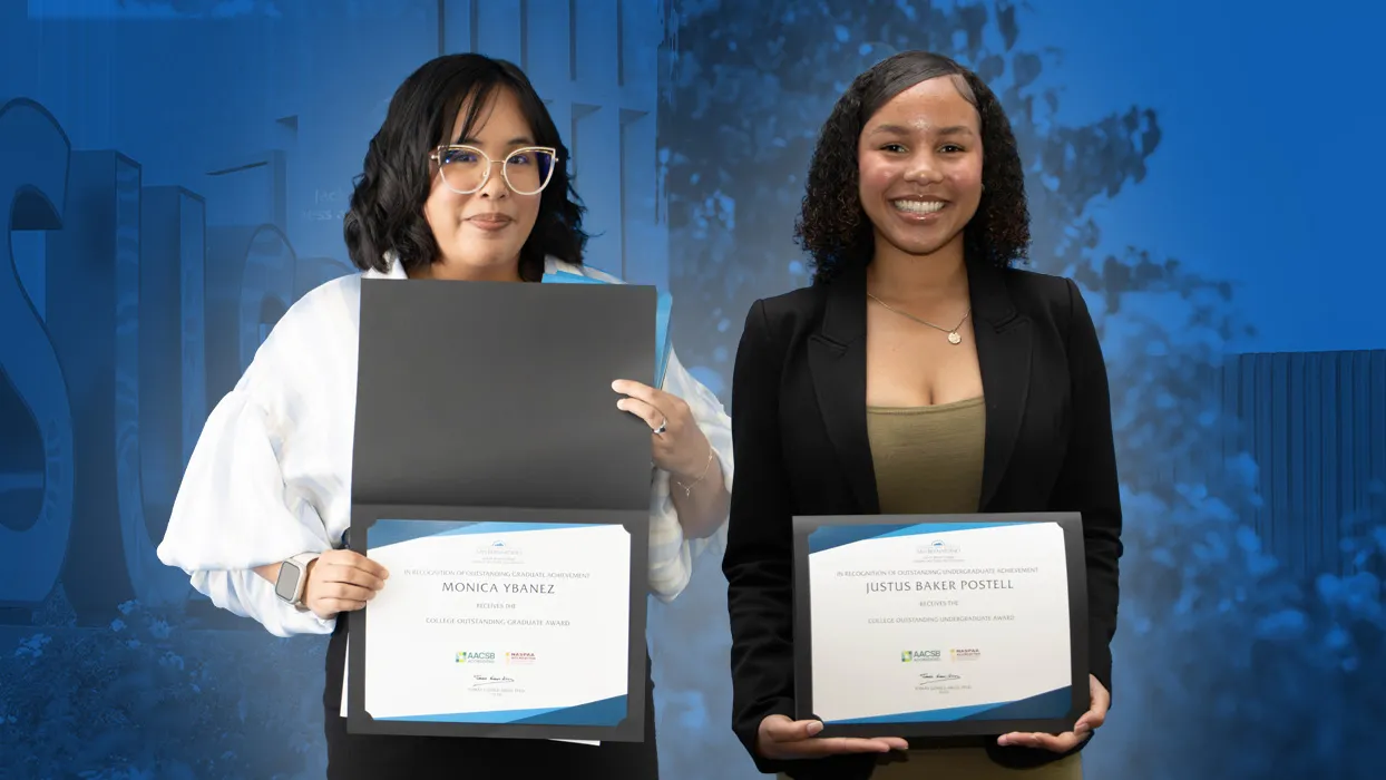 From left, Monica Ybanez, the Outstanding Graduate Student, and Justus Baker-Postell, the Outstanding Undergraduate Student, for Jack H. Brown College of Business and Public Administration.