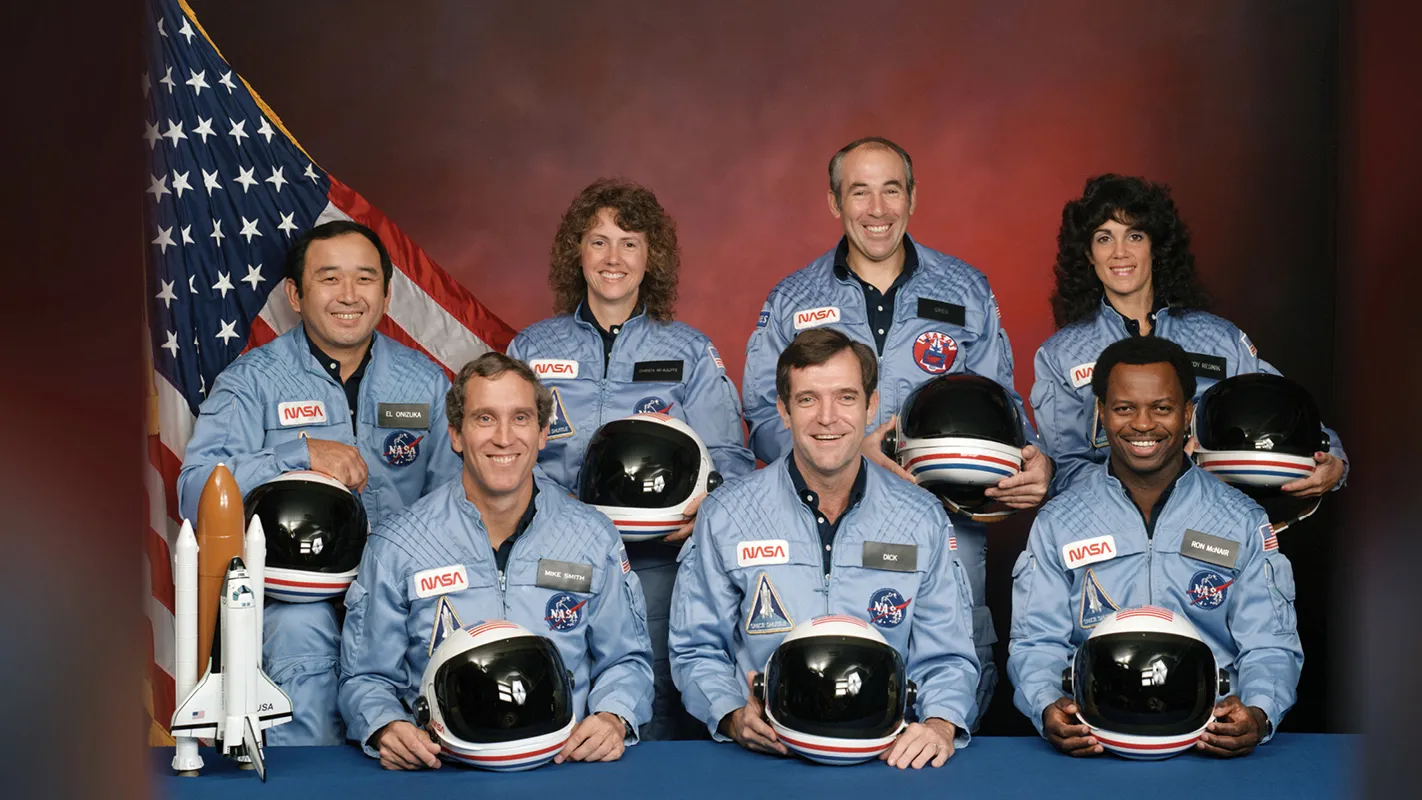The crew of the space shuttle Challenger’s last flight: back row from left to right: Mission Specialist Ellison S. Onizuka, Teacher in Space participant Sharon Christa McAuliffe, Payload Specialist Greg Jarvis and Mission Specialist Judy Resnik; front row from left to right: Pilot Mike Smith, Commander Dick Scobee and Mission Specialist Ron McNair. 