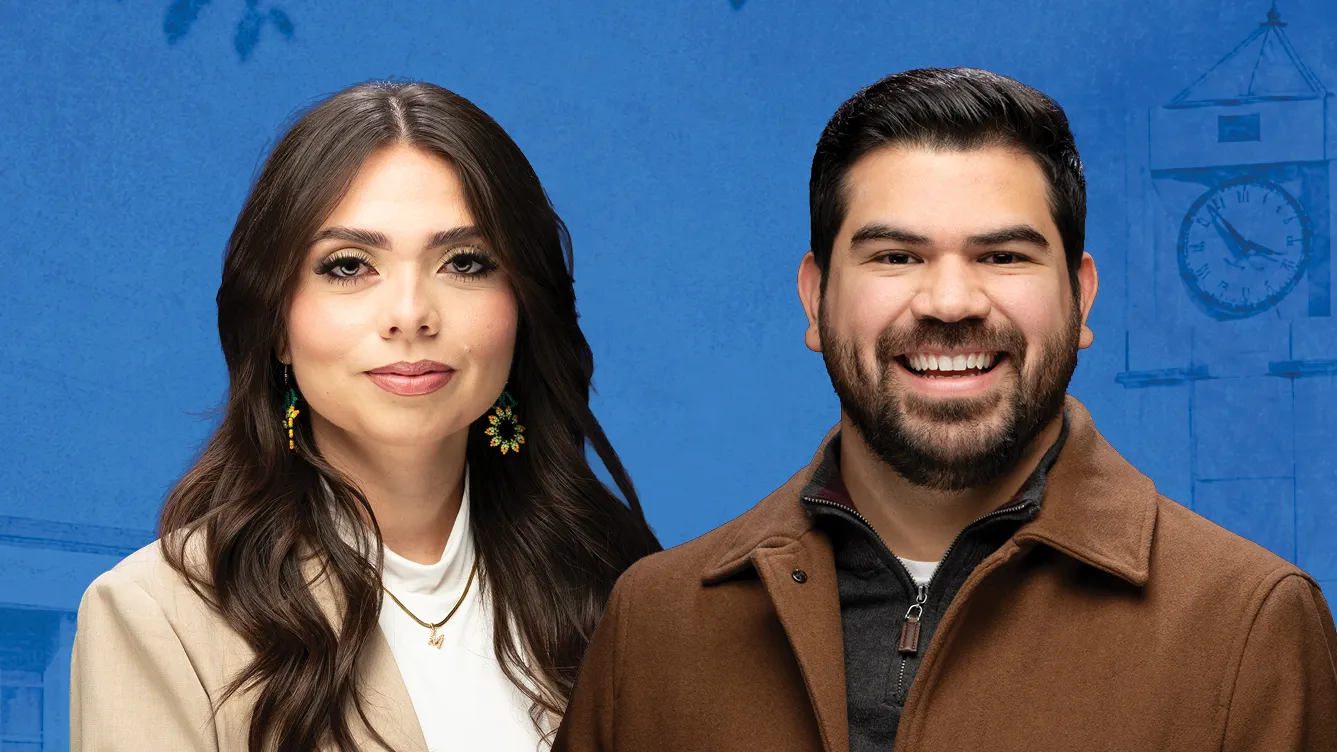 The James R. and Judy Rodriguez Watson College of Education’s top students: Marisol Sanchez, Outstanding Graduate Student (left), and Pablo Gutierrez, Outstanding Doctoral Student.