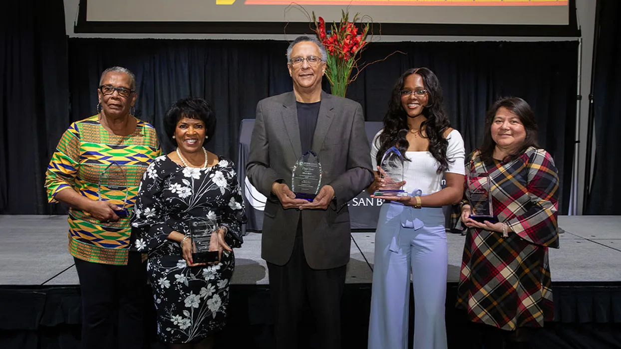 From left, Dee Bowen (Pioneer Staff Award), Patricia L. Nickols-Butler (Community Icon Award), Dale West (Pioneer Administrator Award), Cassandra Butcher (Emerging Leader Award), and Maria Najera-Neri (Lorraine Frost Award) were honorees at the 11th annual Pioneer Breakfast held on Feb. 23 at the Santos Manuel Student Union North.