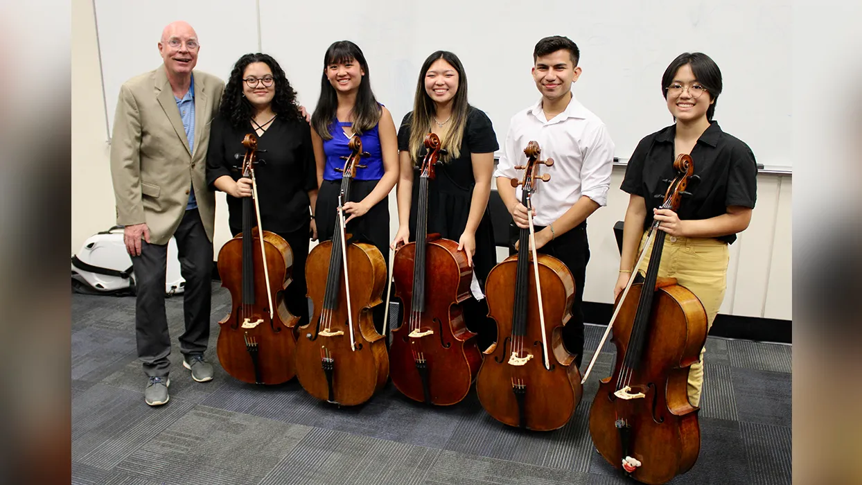 Guest cellist Hans Jørgen Jensen and CSUSB students in his masterclass 