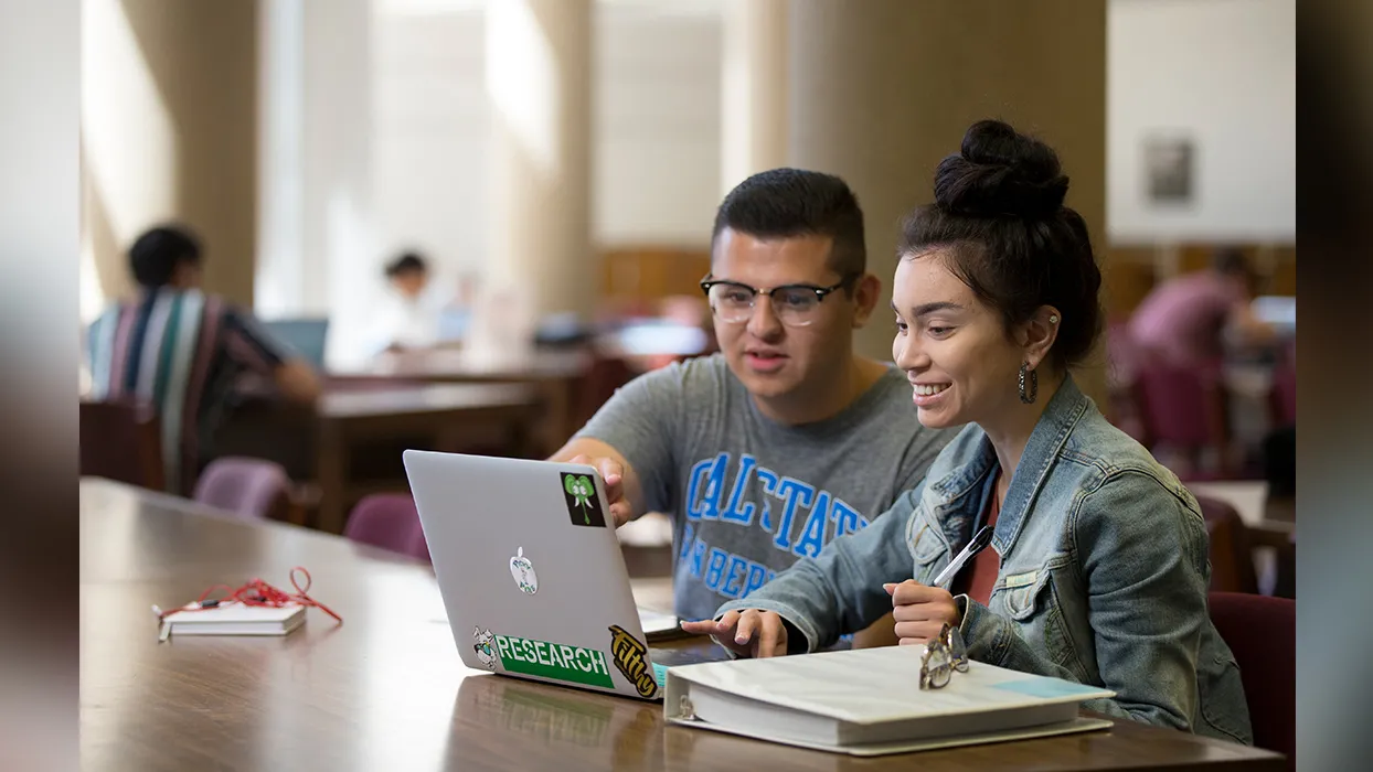 Two students working on a laptop