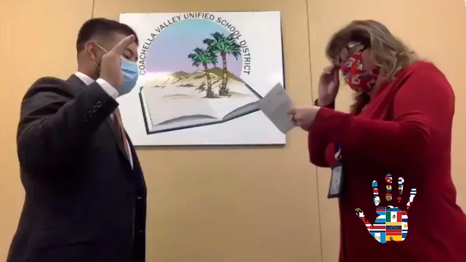 CSUSB alumnus Adonis Galarza-Toledo (left) is sworn in as a member of the board of the Coachella Valley Unified School District.