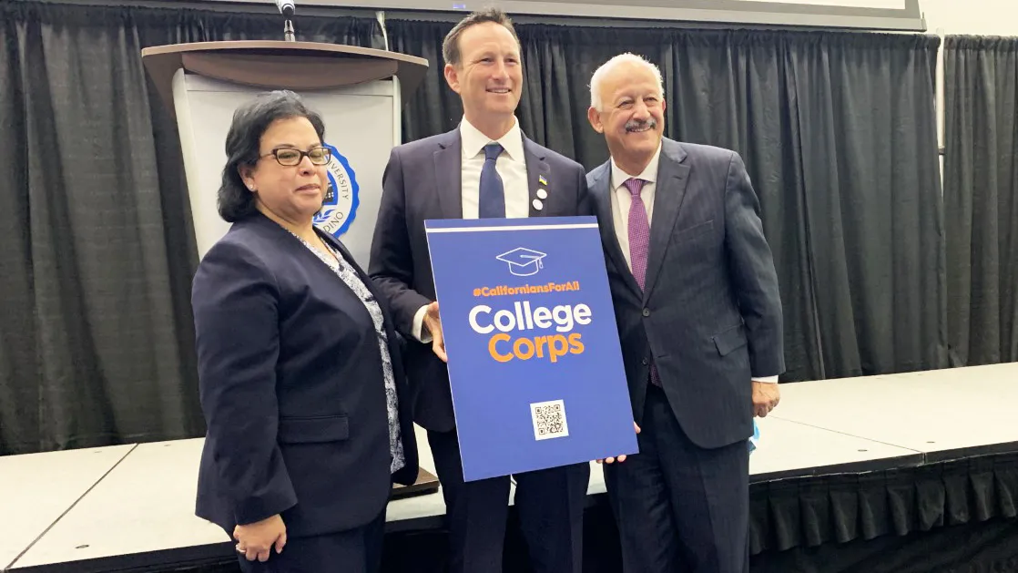 Diana Rodriguez, chancellor of the San Bernardino Community College District, Josh Fryday, chief service officer for the #CaliforniansForAll College Corps, and CSUSB President Tomás D. Morales.