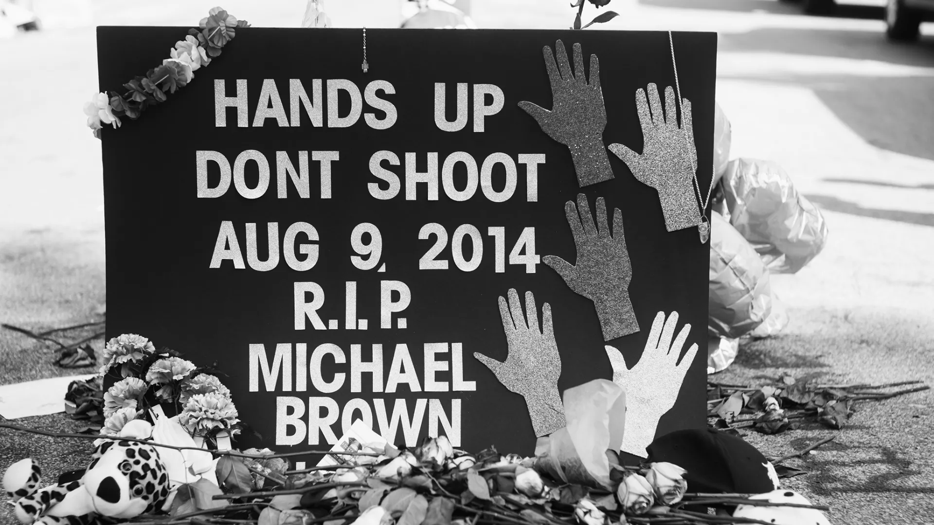 A makeshift memorial placed during protests over the shooting of Michael Brown by a Ferguson, Mo., police officer in 2014. Photo by Jamelle Bouie via Wikimedia Commons.