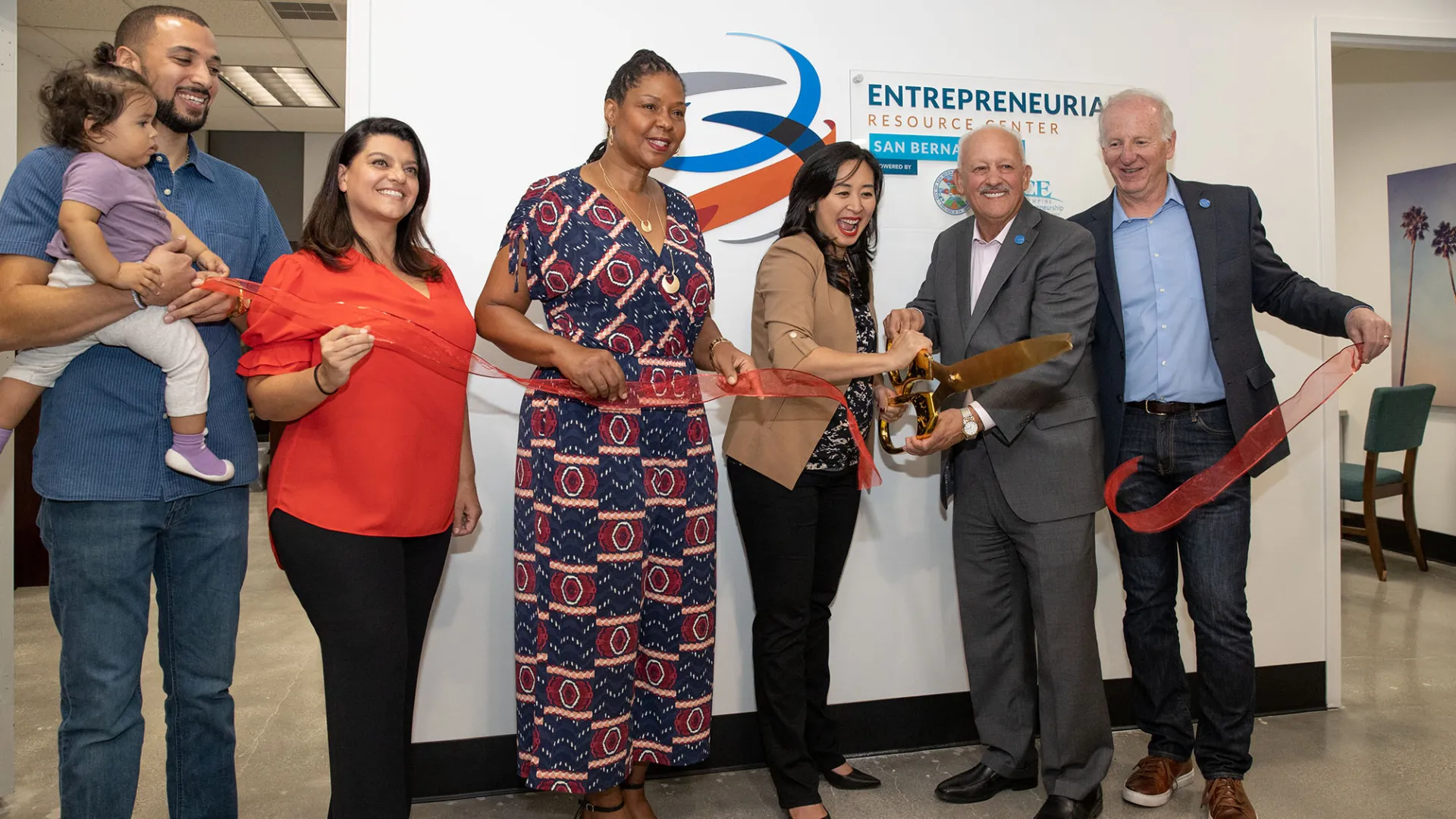 From left, Ben Reynoso, San Bernardino City Councilmember; Silva Harapetian, Propect Group, Studio D; Kimberly Calvin, San Bernardino City Councilmember; Helen Tran, San Bernardino mayor; Tomás D. Morales, CSUSB president; Mike Stull, director of the Inland Empire Center for Entrepreneurship and the CSUSB School of Entrepreneurship.