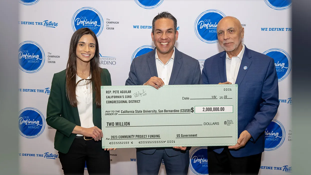 From left: Sonia Otte, MSPA director; U.S. Rep. Pete Aguilar, CSUSB Vice President of University Advancement Robert Nava.