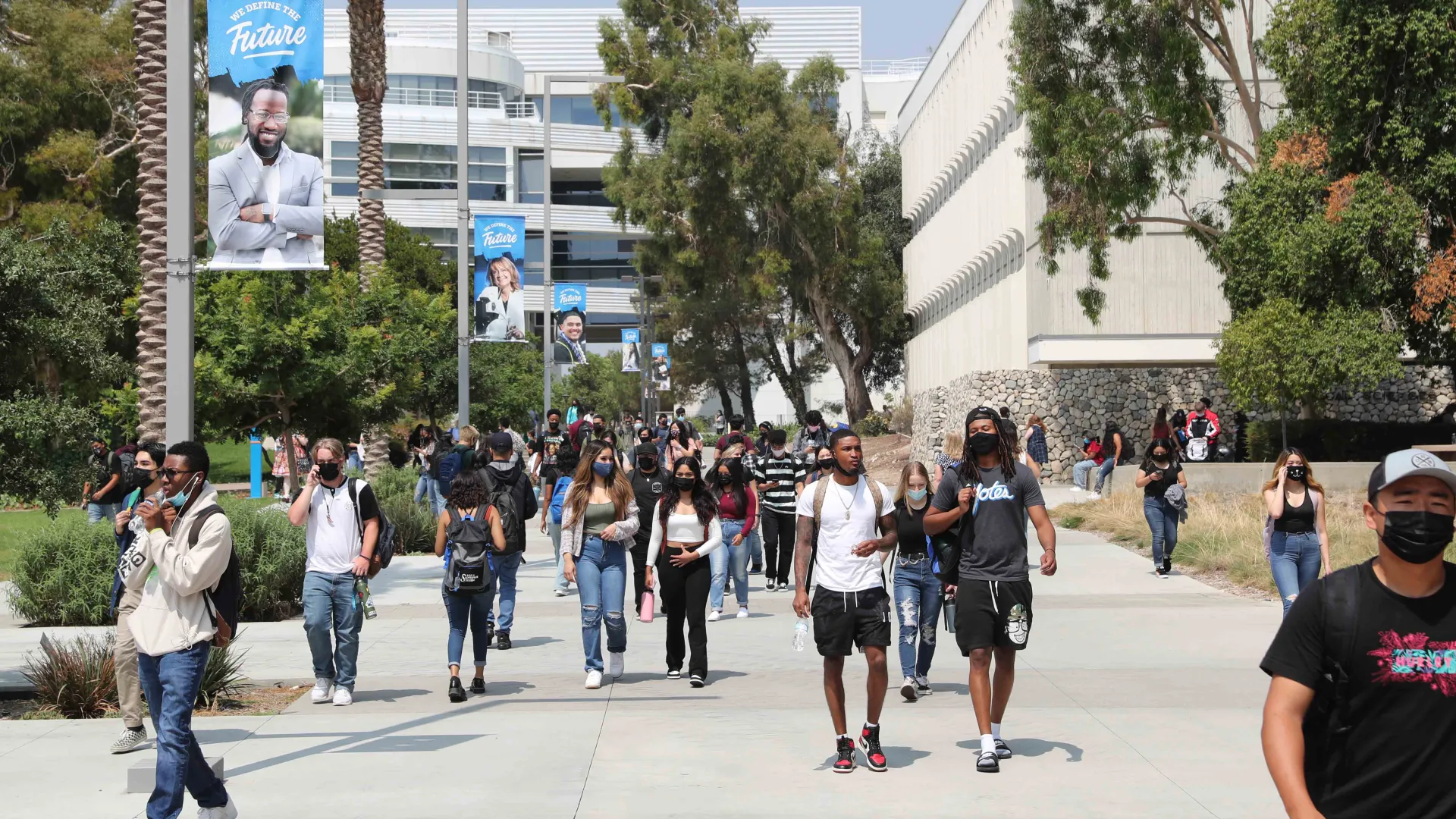 Students return to campus on the first day of the fall 2021 semester.