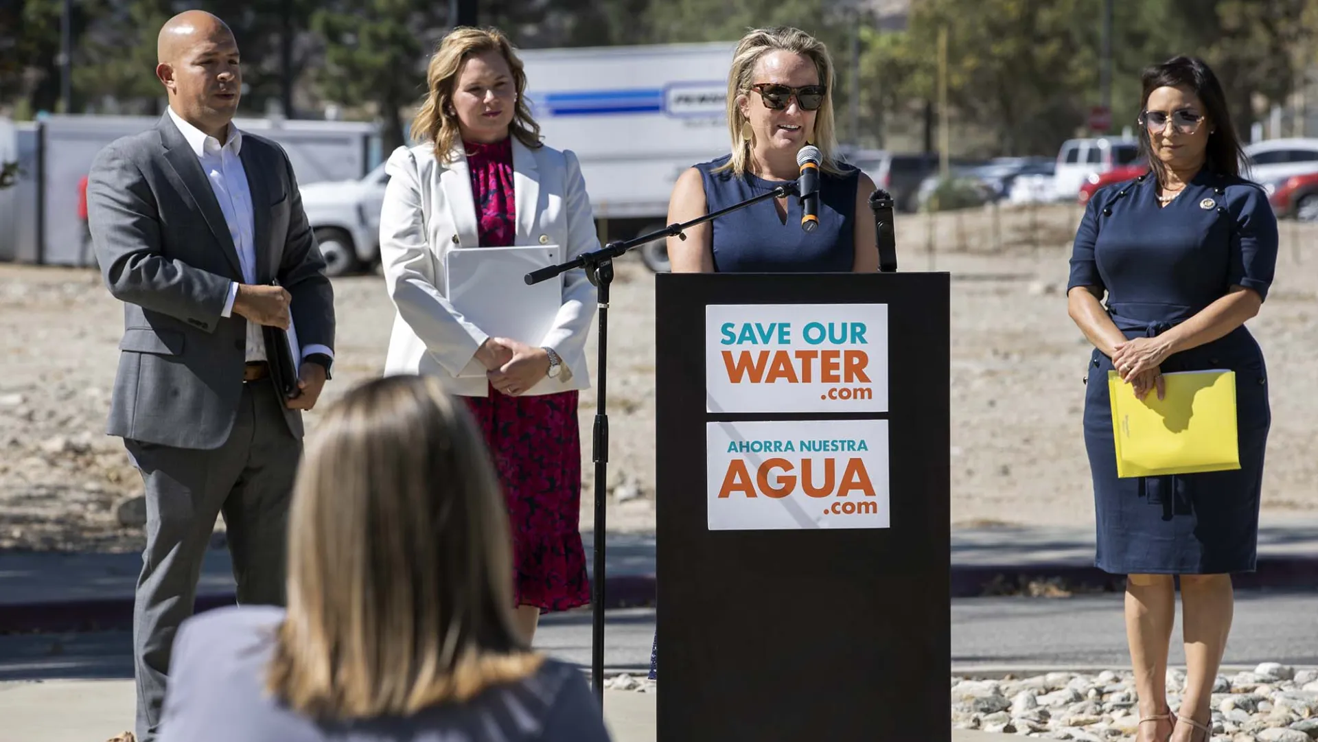 (L to R) Miguel Guerrero, General Manager, San Bernardino Municipal Water Department; Heather Dyer, CEO/General Manager, San Bernardino Valley Municipal Water District; Jennifer Alford, Department Chair, Geography and Environmental Studies, CSUSB; and Rosilicie Ochoa Bogh, Senator, 23rd District, California— Save Our Water Roundtable and Press Event with Secretary Crowfoot & Local Water Agencies at California State University, San Bernardino on Monday, Sept. 19.