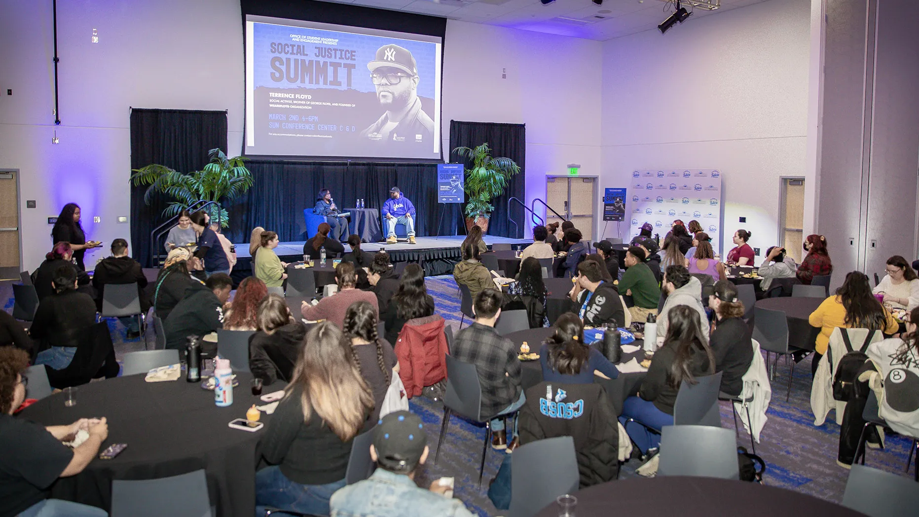 CSUSB students in the SMSU North listening to Terrence Floyd