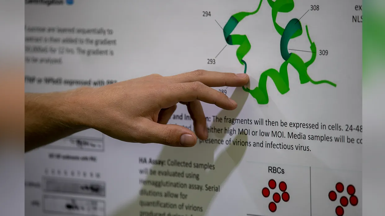 A hand pointing at a research poster