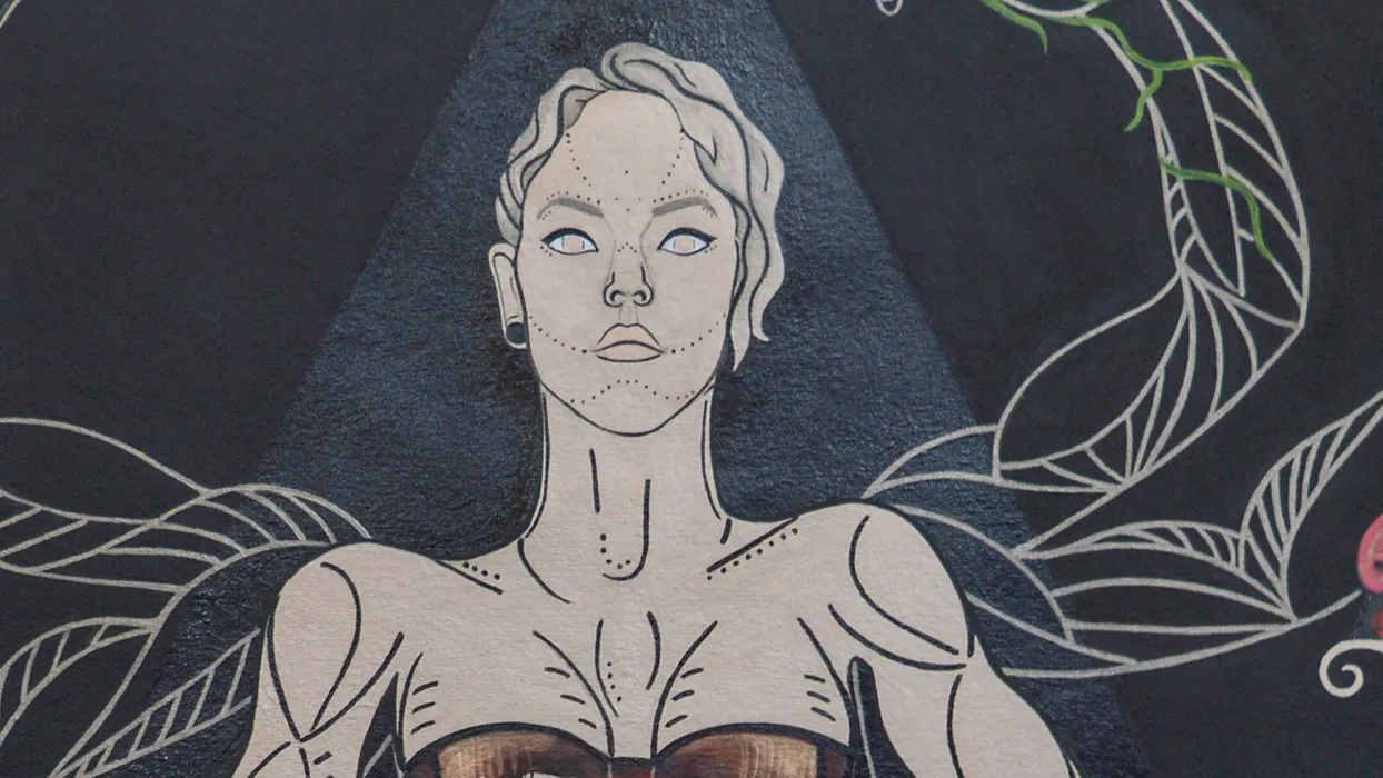 A portion of I Am the Rat Queen, acrylic and oil on panel, by Heath Rössler