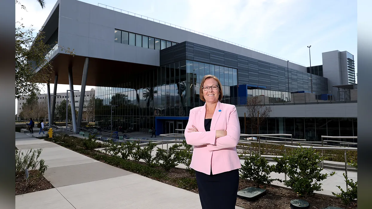 Jennifer Sorenson standing outside the CSUSB Santos Manuel Student Union North.