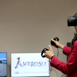 Rueyling Chuang, interim dean of CSUSB’s College of Arts & Letters, tries out a virtual reality computer program