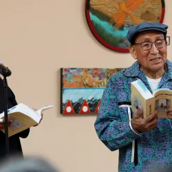 Carolyn Horsman  (left) and Ernest Siva, elder of Morongo Band of Mission Indians, at the annual Native Voices Poetry Festival