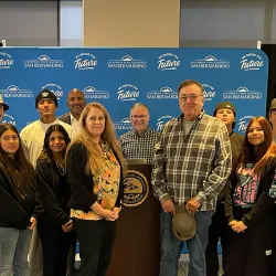 The authors of “The Temecula Massacre” pose with CSUSB students and administrators at the book presentation on Oct. 17.