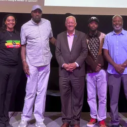 Members of the campus and local community attended the Cooperative Economic Empowerment Movement’s Mic and Mind. Among them was CSUSB President Tomás D. Morales (third from left), showing support for the event’s focus on empowering young entrepreneurs.