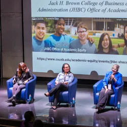 From left, Michelle Skiljan, senior director of philanthropy, foundation and corporate relations at CSUSB; Francisca Beer, associate dean and director of the Office of Academic Equity; Yutong Liu, lecturer in the School of Cyber & Decision Sciences and director of the Motion Capture Studio; Dora Mejia, CSUSB emergency manager and two-time alumna; Paniz Herrera, cybersecurity and AI executive at Deloitte and CSUSB alumna; Ginger Ontiveros, president and CEO of Tomorrow’s Talent and CSUSB alumna.