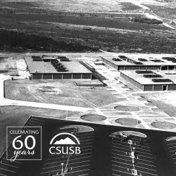 An aerial view of California State College at San Bernardino, showing the campus’ three original buildings.