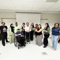 Participants at the recent Always Making Progress Campus Resources and Ceramic Painting Fall 2025 Open House. Abbas “Bobby” Quamar (center of the photo), associate professor of special education, rehabilitation and counseling at CSUSB, is developing the world’s first clinical assessment tool that measures how satisfied people with disabilities are when using internet-connected assistive devices (iCADs) with funding from the National Institute on Disability, Independent Living, and Rehabilitation Research.