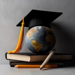 Illustration with an academic theme: a mortar board on a small globe on a stack of books.