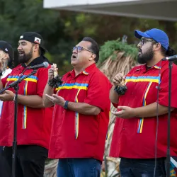 Assemblymember James Ramos (second from right), a CSUSB graduate, leads a group in singing bird songs during the 2024 California Native American Day celebration at California State University, San Bernardino. This year’s celebration is set for today, Friday, Sept. 26.
