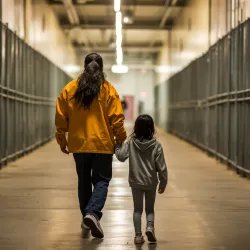 Woman and child walking down a corridor with gated fencing along the sides; AI-expanded background.