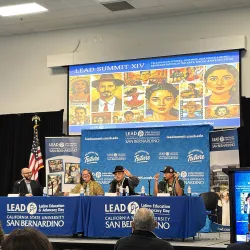 Jerry Tello (third from the right), an award-winning author, storyteller and clinical psychologist, speaks during the Tomás Rivera Featured Panel, “La Palabra as Power: Spoken Word, Música, Poetry, Literature, and the Politics of Voice,” at the summit on Oct. 3 at Cal State San Bernardino.